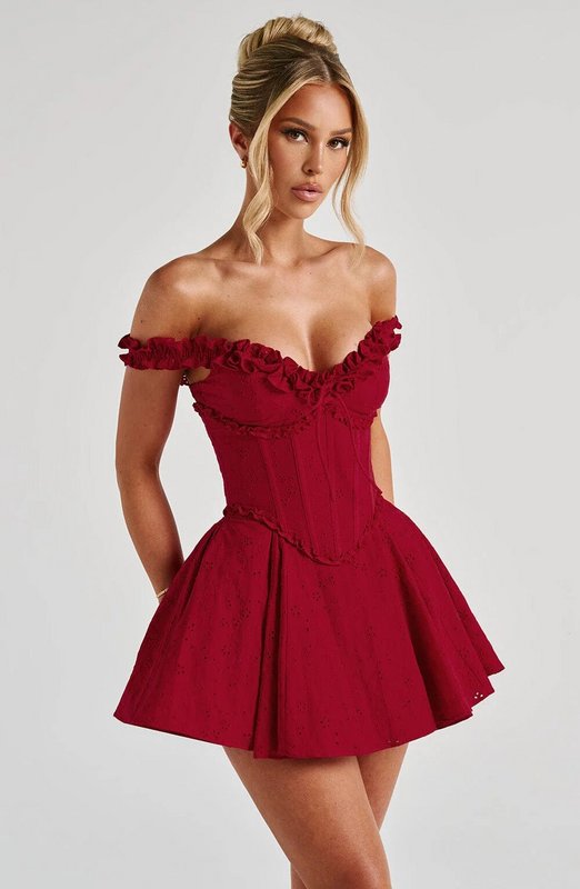 Crimson Ruffle Corset Mini Dress