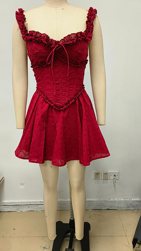 Crimson Ruffle Corset Mini Dress