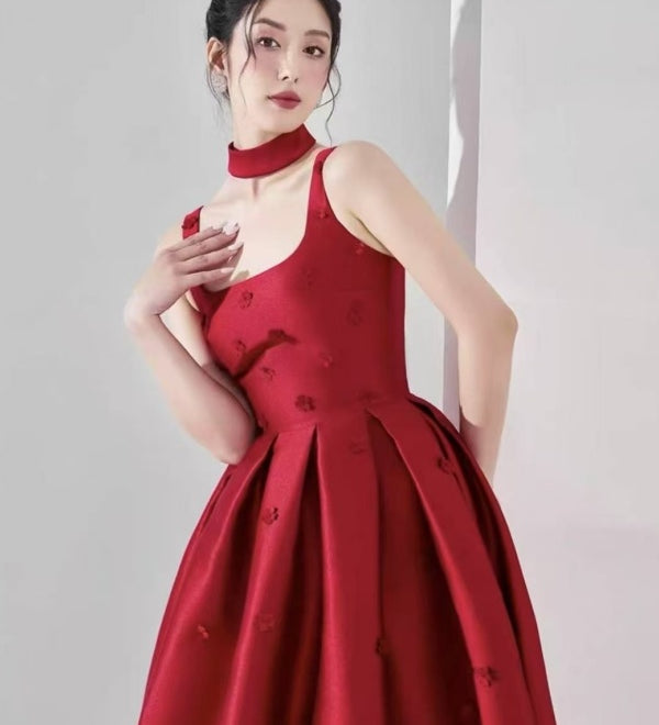Red Satin Midi Dress