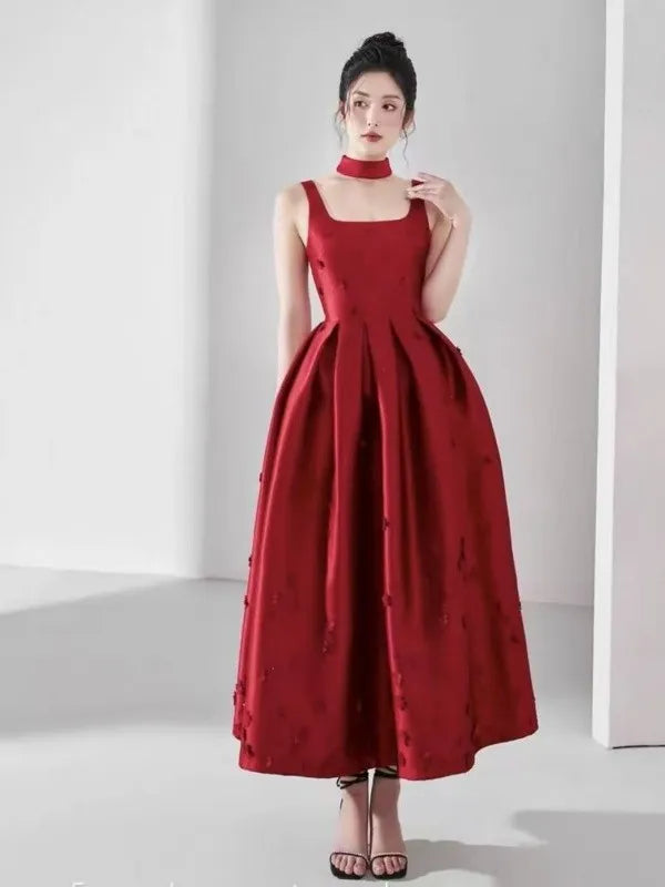 Red Satin Midi Dress