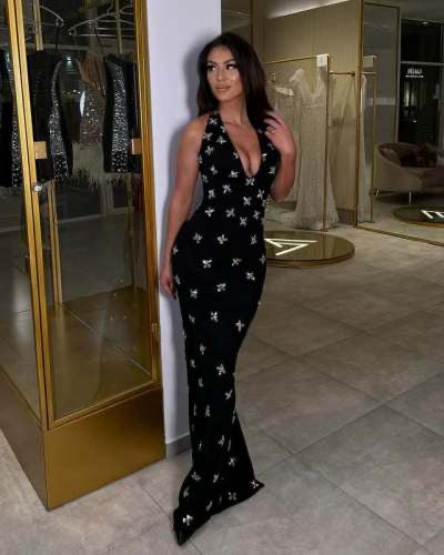 Black evening dress with crystal embellishments