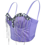 Purple corset bustier with rhinestone and crystal chain embellishments—glamorous nightwear from EtiquetteMode