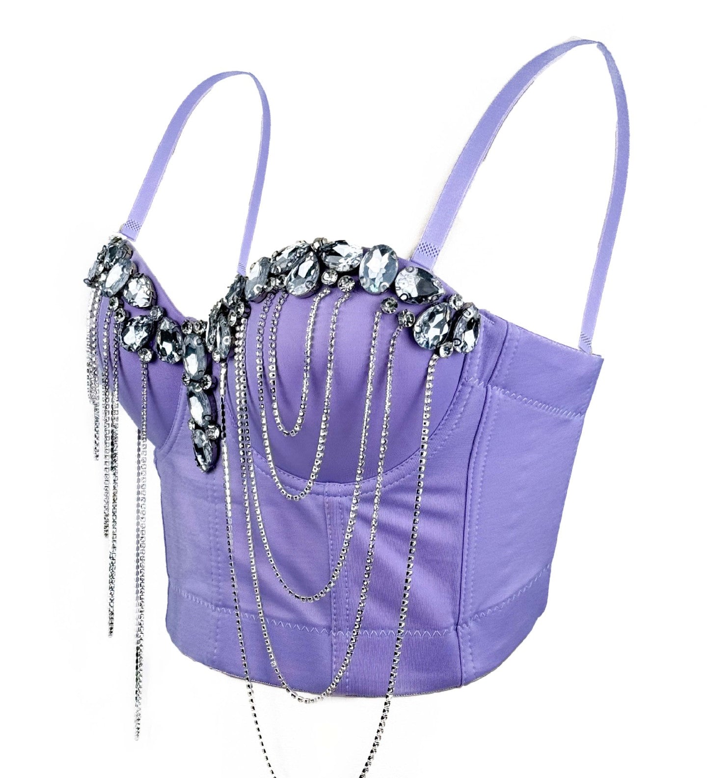 Purple corset bustier with rhinestone and crystal chain embellishments—glamorous nightwear from EtiquetteMode