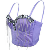 Purple corset bustier with rhinestone and crystal chain embellishments—glamorous nightwear from EtiquetteMode