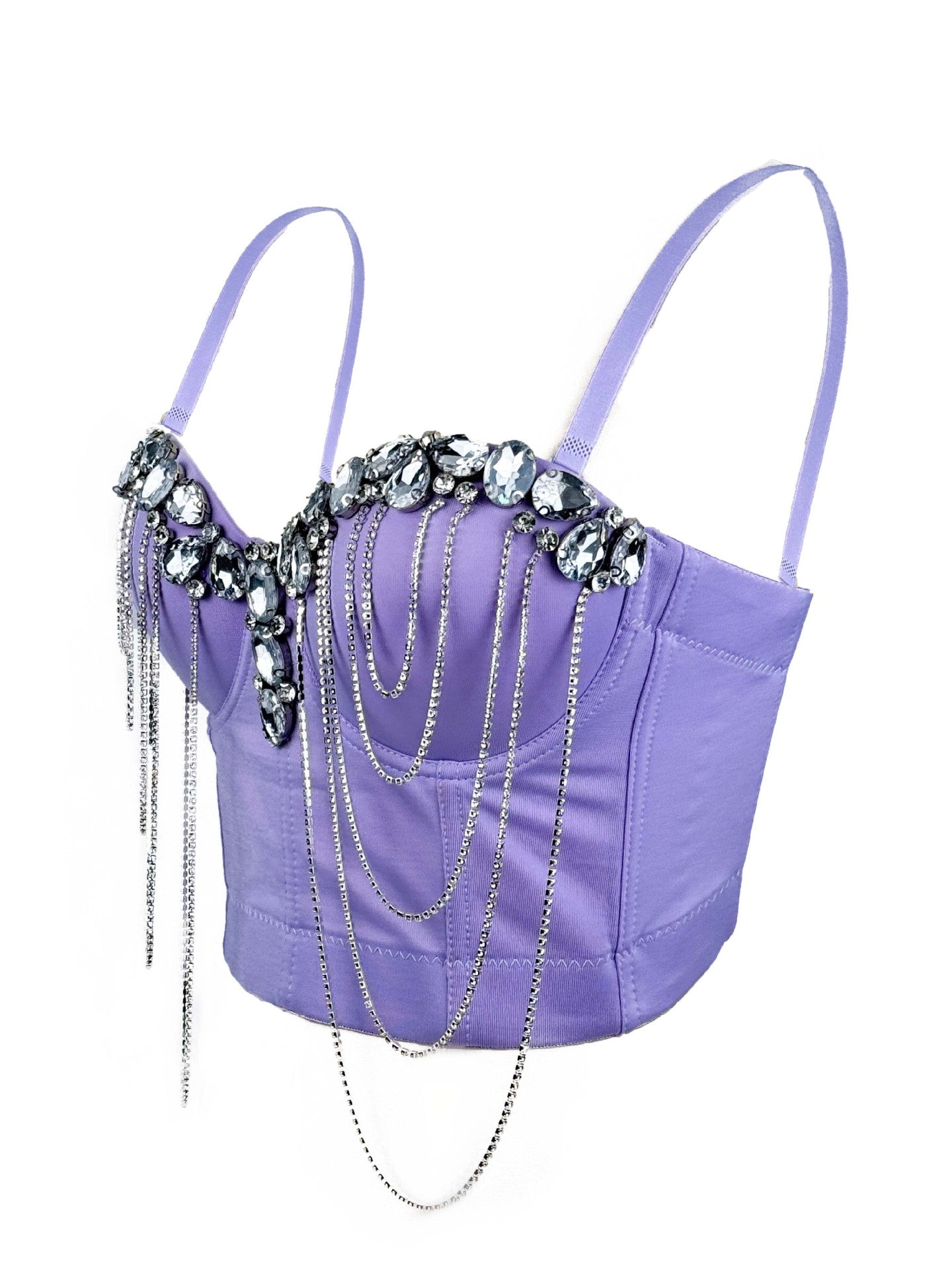 Purple corset bustier with rhinestone and crystal chain embellishments—glamorous nightwear from EtiquetteMode