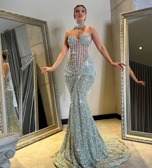 Silver crystal gown displayed on mannequin