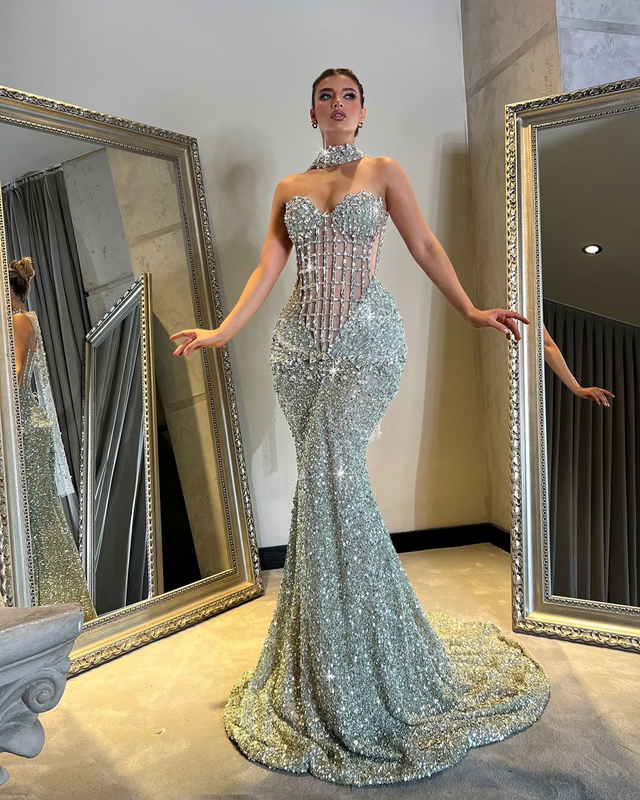Silver crystal gown displayed on mannequin