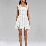 White cotton eyelet mini dress with belt and scalloped hem – feminine summer style by EtiquetteMode