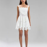 White cotton eyelet mini dress with belt and scalloped hem – feminine summer style by EtiquetteMode