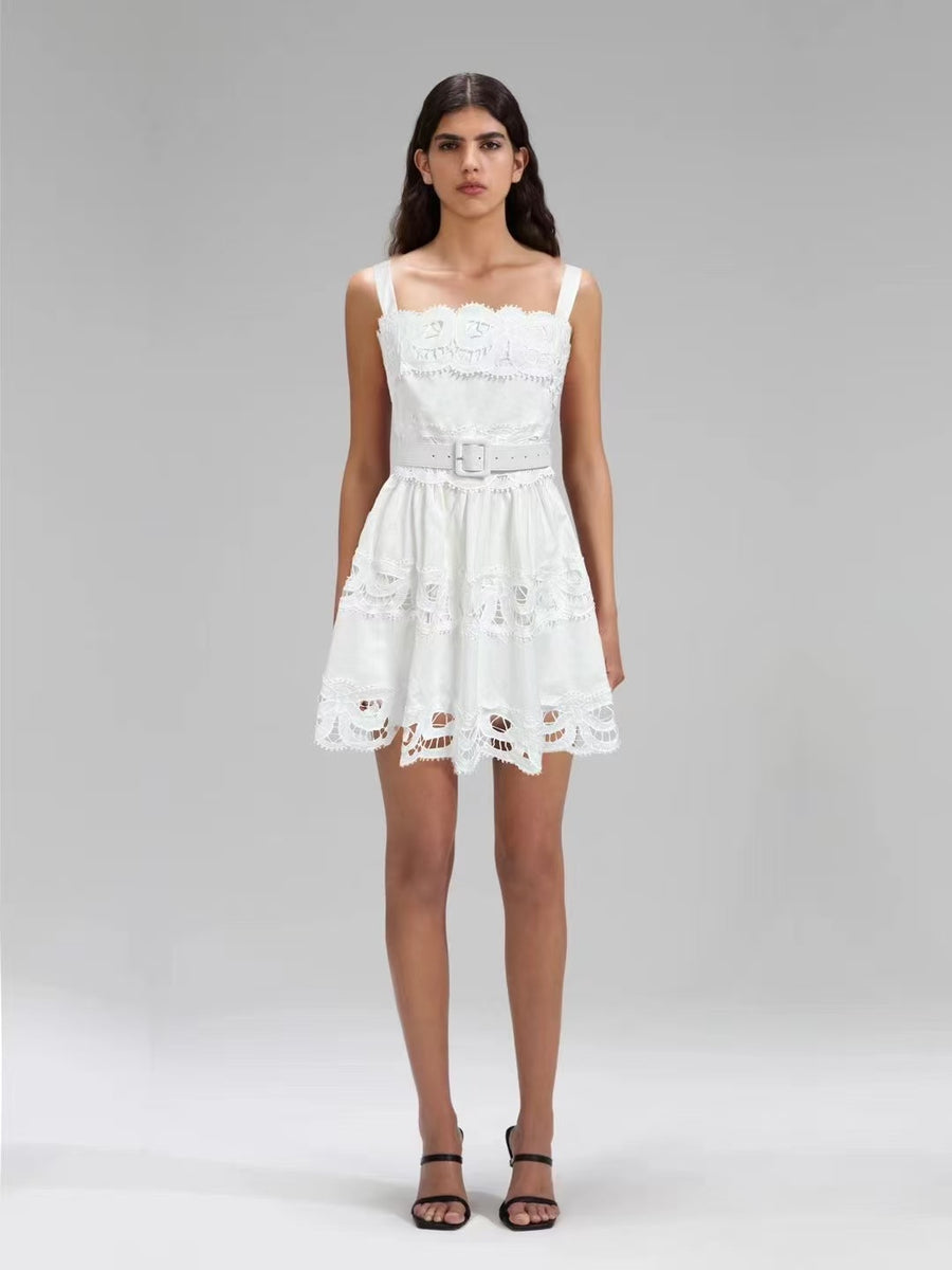 White cotton eyelet mini dress with belt and scalloped hem – feminine summer style by EtiquetteMode