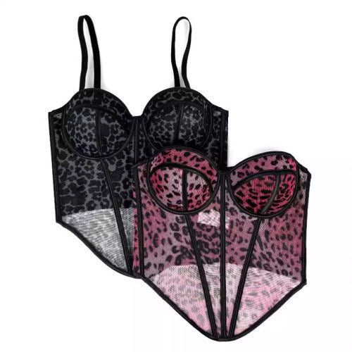 Black leopard print mesh corset top