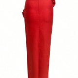 High-waisted red satin maxi skirt with elegant tailoring—formalwear piece by EtiquetteMode