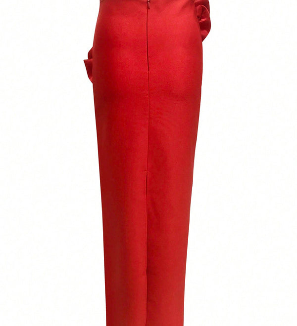 High-waisted red satin maxi skirt with elegant tailoring—formalwear piece by EtiquetteMode