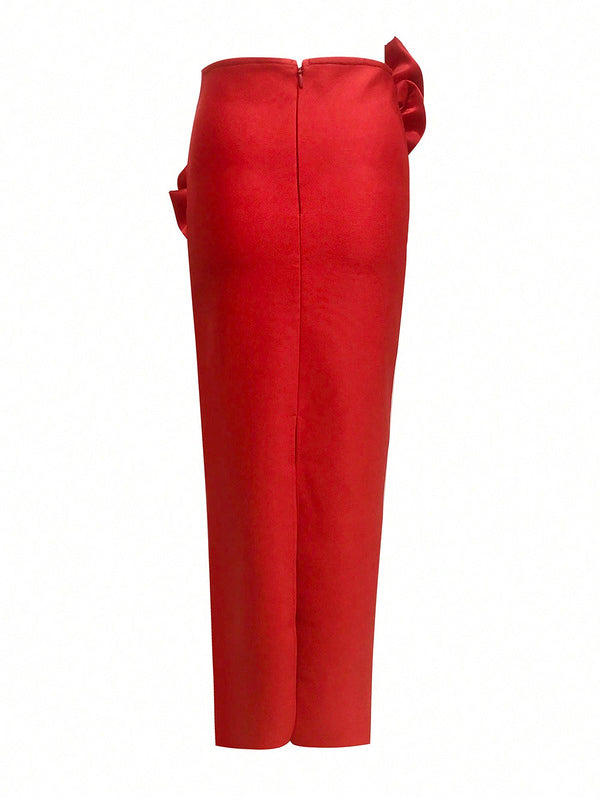 High-waisted red satin maxi skirt with elegant tailoring—formalwear piece by EtiquetteMode