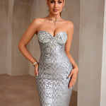 Silver mini dress with strapless sweetheart neckline