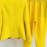 Yellow suit jacket and pants on hangers against a white background