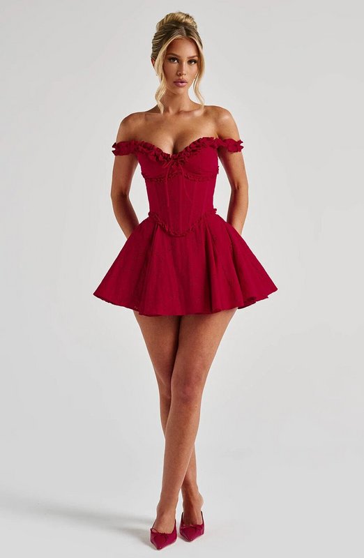 Crimson Ruffle Corset Mini Dress