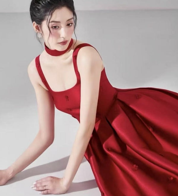 Red Satin Midi Dress