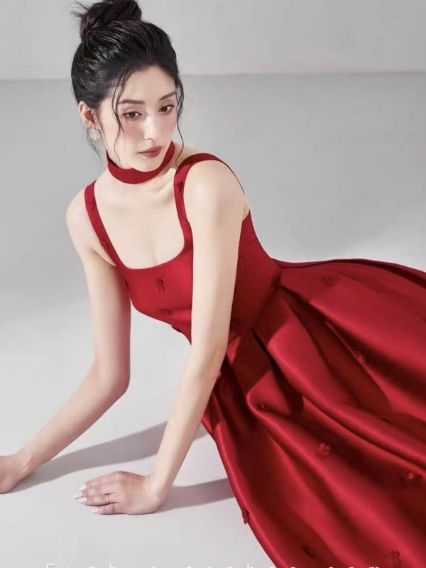Red Satin Midi Dress