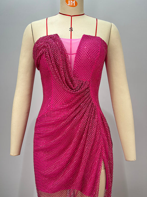 Fuchsia Flame Draped Slit Gown