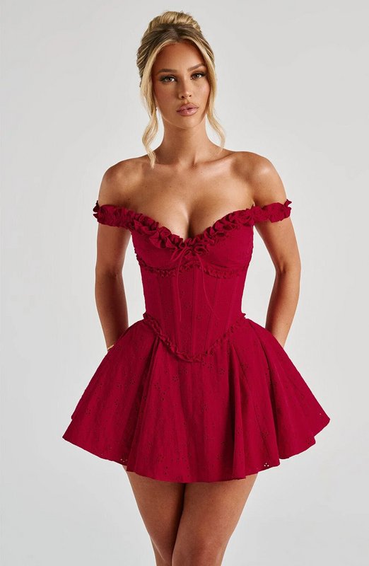 Crimson Ruffle Corset Mini Dress