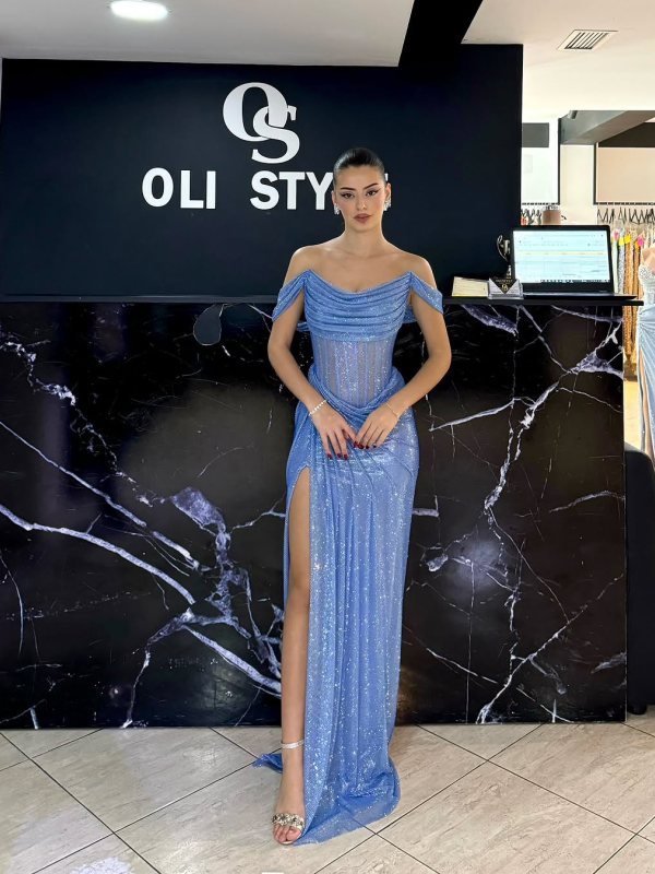 Blue Off-Shoulder Gown