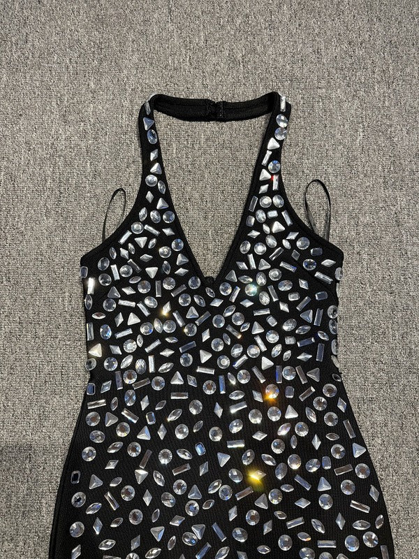 Black Crystal Embellished Halter Gown