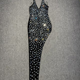 Black Crystal Embellished Halter Gown