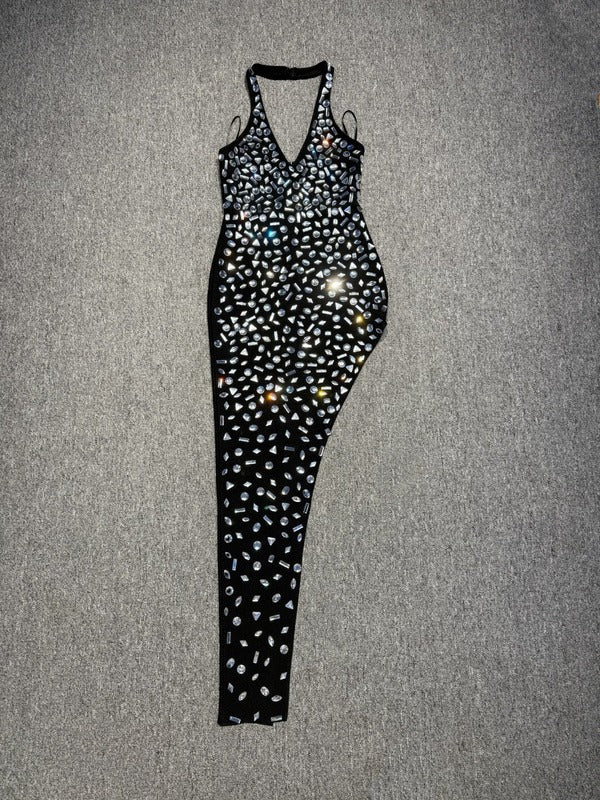 Black Crystal Embellished Halter Gown