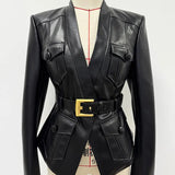 Black Faux Leather Belted Jacket