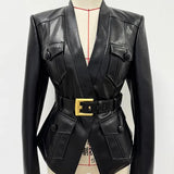 Black Faux Leather Belted Jacket