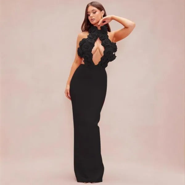 Black Floral AppliquÃ© Halter Gown