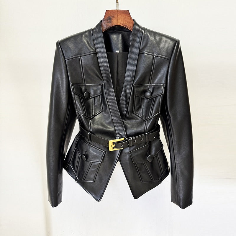 Black Faux Leather Belted Jacket