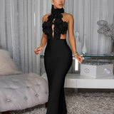Black Floral AppliquÃ© Halter Gown
