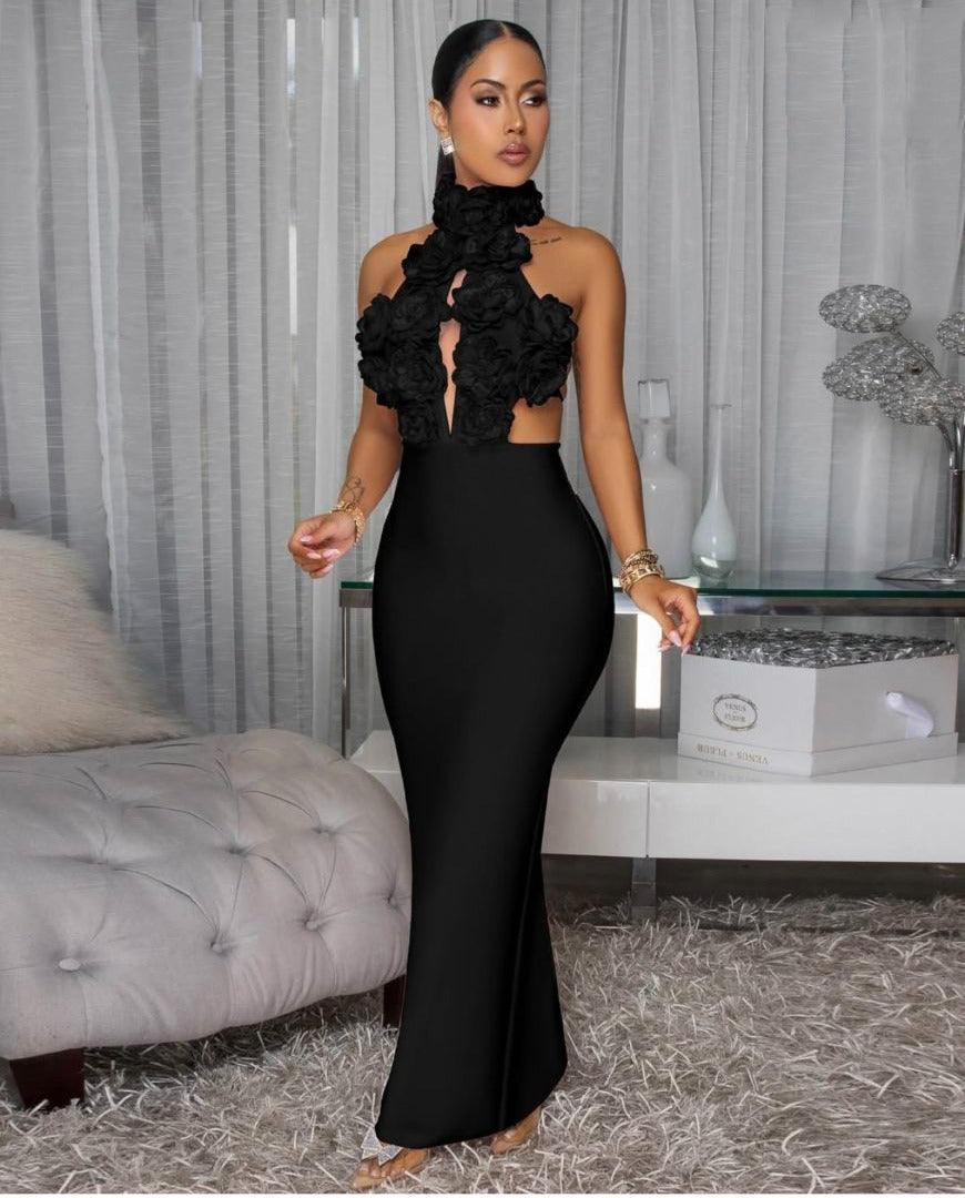 Black Floral AppliquÃ© Halter Gown