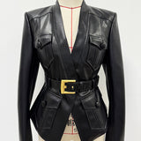 Black Faux Leather Belted Jacket