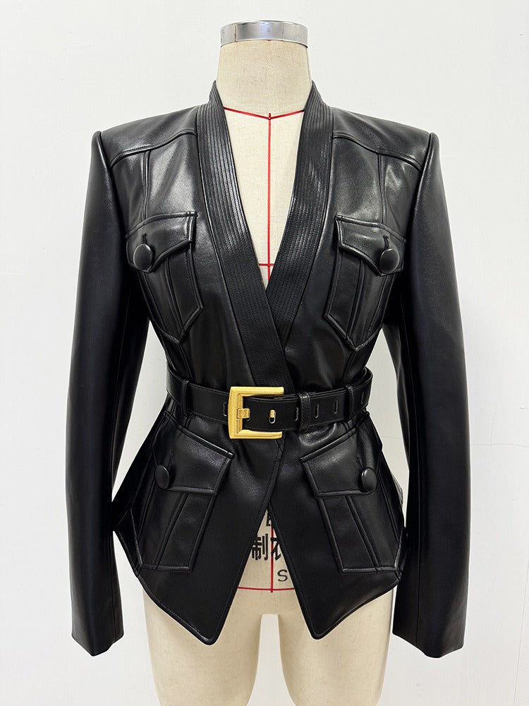 Black Faux Leather Belted Jacket