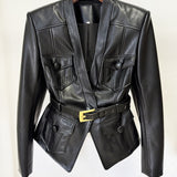Black Faux Leather Belted Jacket