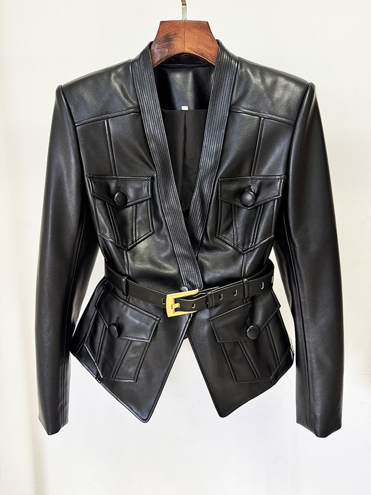 Black Faux Leather Belted Jacket
