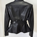 Black Faux Leather Belted Jacket
