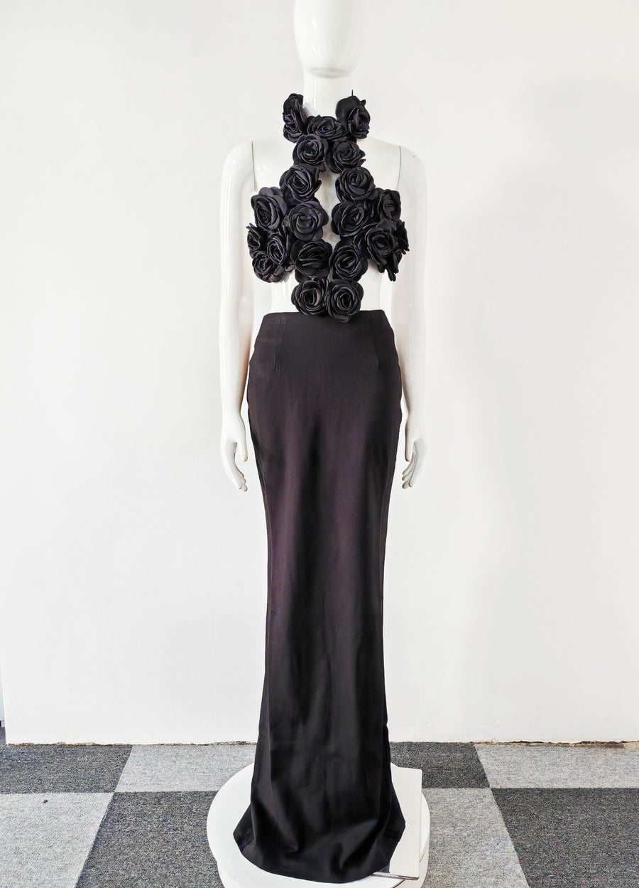 Black Floral AppliquÃ© Halter Gown