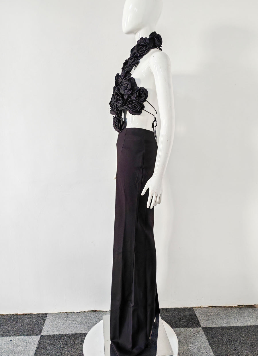 Black Floral AppliquÃ© Halter Gown