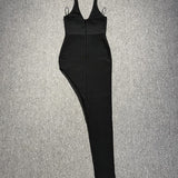 Black Crystal Embellished Halter Gown