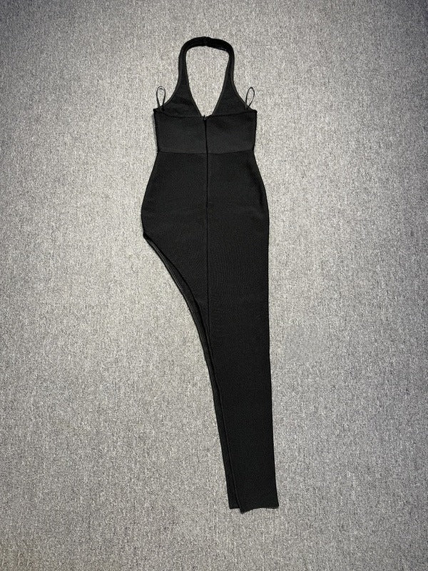 Black Crystal Embellished Halter Gown
